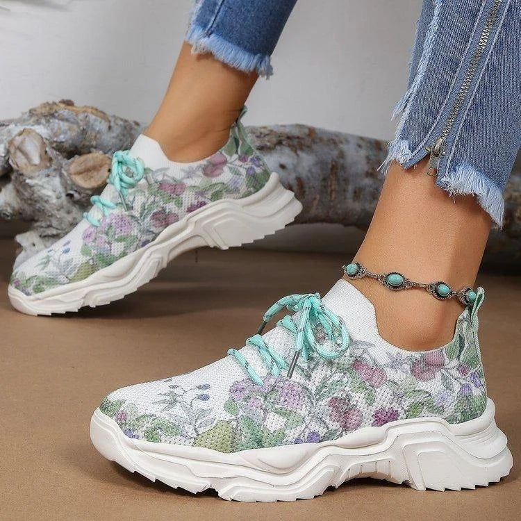 Women Floral Print Lace-up Breathable Orthopedic Sneakers