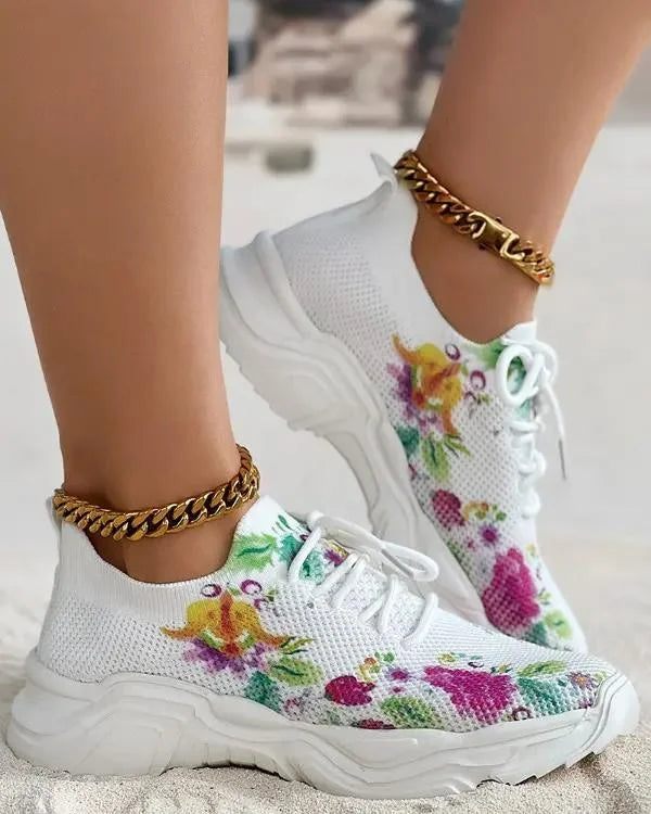 Women Floral Print Lace-up Breathable Orthopedic Sneakers