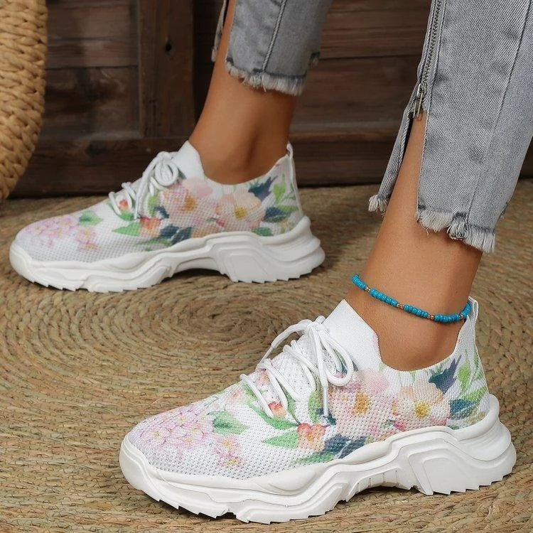 Women Floral Print Lace-up Breathable Orthopedic Sneakers